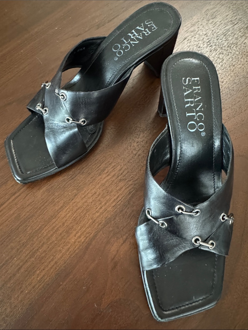 VINTAGE FRANCO SARTO LEATHER SANDAL HEELS SQUARE TOE BRAZIL 6 1/2 M BLACK SILVER